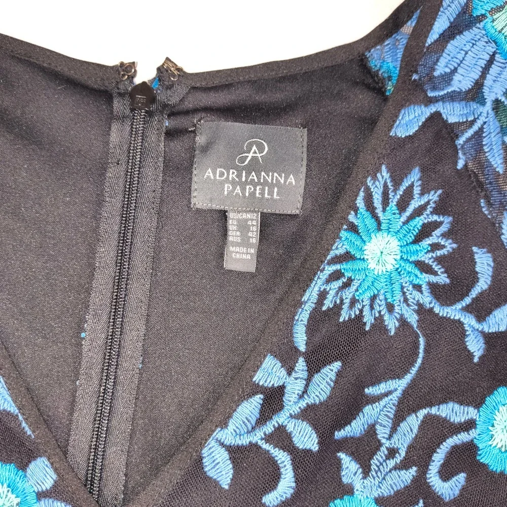 Adrianna Papell Black Blue Embroidered Floral Cocktail Party Dress Size 12 - Picture 4 of 11